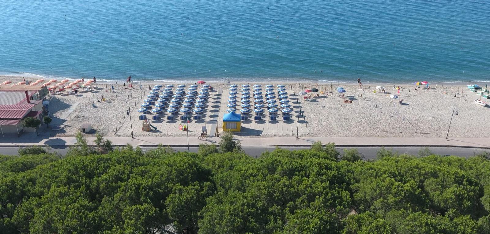 Spiaggia con ombrelloni ordinati, mare calmo e vegetazione rigogliosa in primo piano.